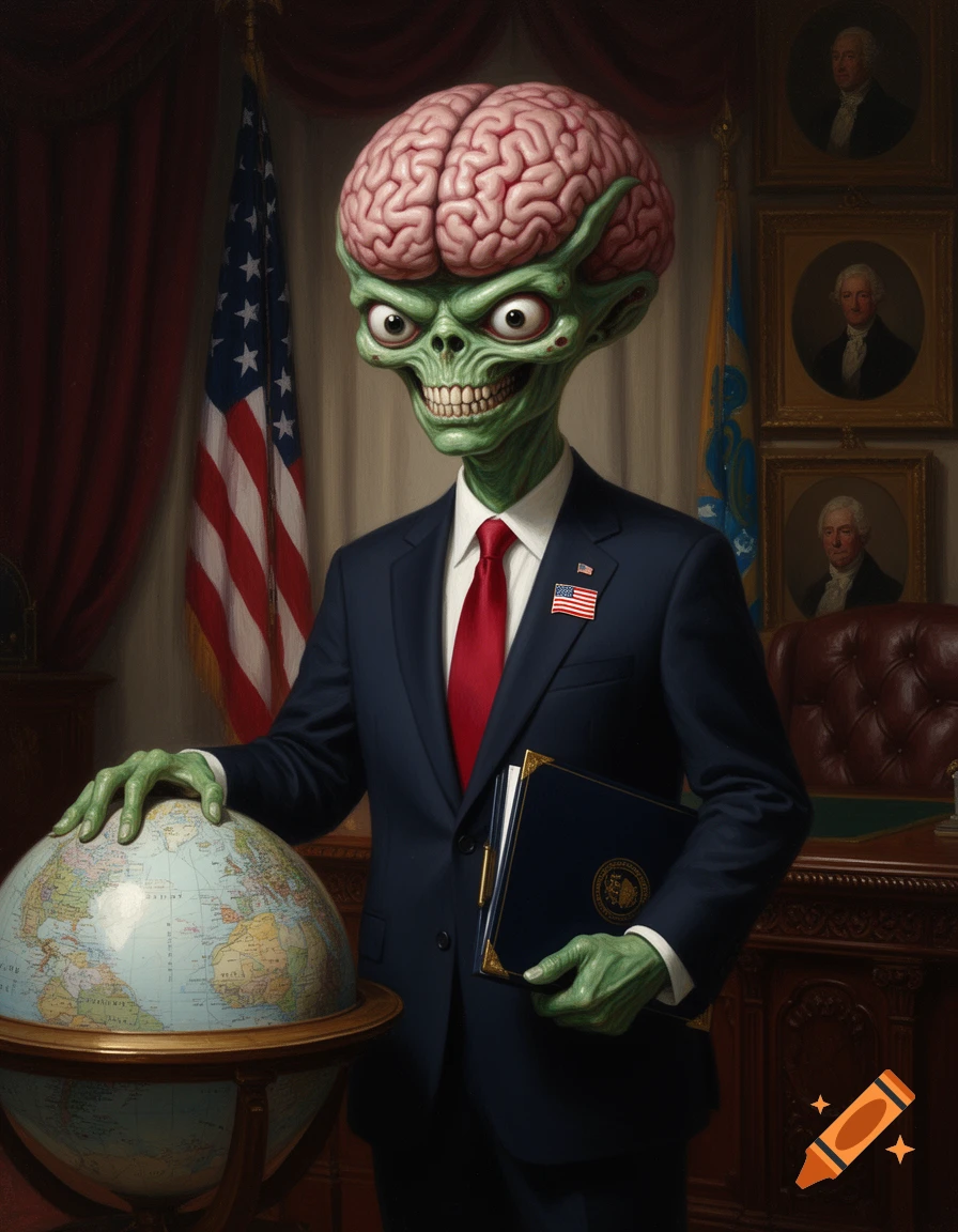 Photorealistic painting of a green alien with an exposed brain, wearing a dark suit with a red tie and US flag pin, posing with one hand on a globe and the other holding a folder, in a formal office setting.