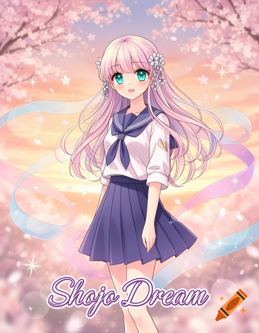 Anime girl with pink hair and green eyes in a school uniform, standing in a cherry blossom garden with ribbons. Text reads 'Shojo Dream'.