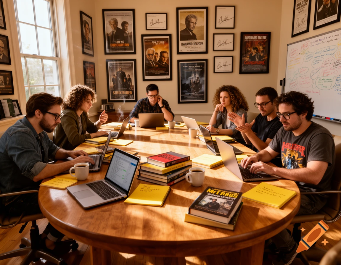 Several screenwriters work on laptops around a large wooden table in an office decorated with movie posters and a whiteboard.