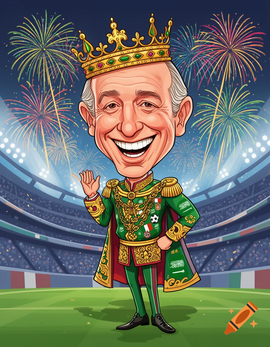 Caricature of King Juan Carlos I in a green military uniform and crown, smiling and waving in a football stadium with fireworks.