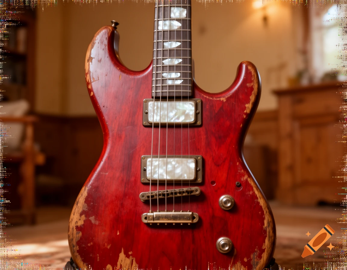 A close-up of a distressed, vintage-looking red electric guitar with a worn finish, standing upright in an indoor setting.