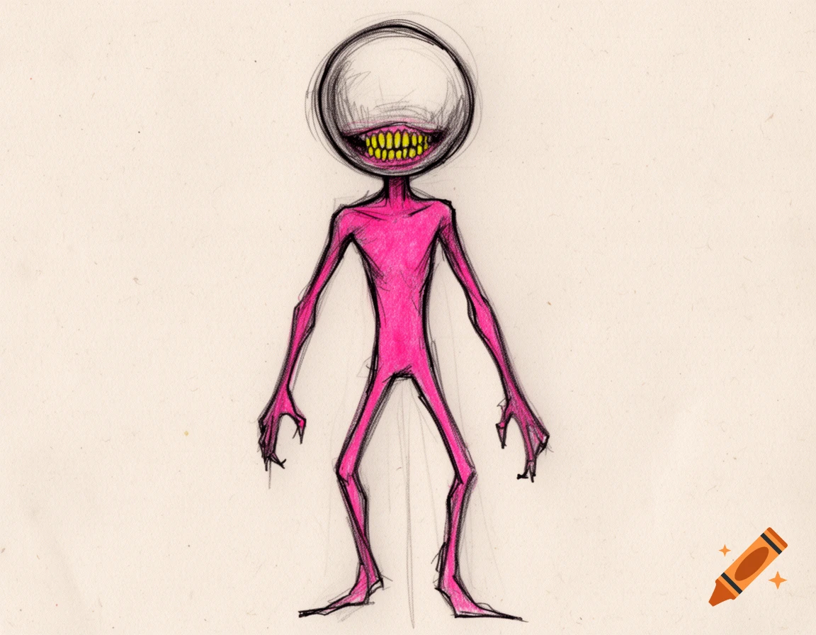 A pink, skinny cryptid with a large spherical head, wide yellow teeth, and clawed hands, rendered as a rough sketch.