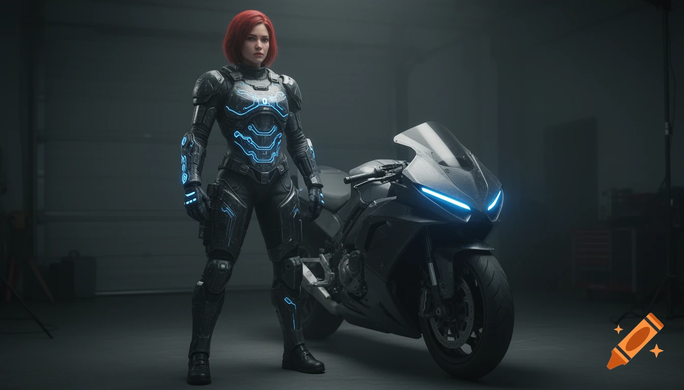 A female sci-fi soldier with red hair in glowing blue and black armor stands next to a futuristic black motorcycle in a moody garage.