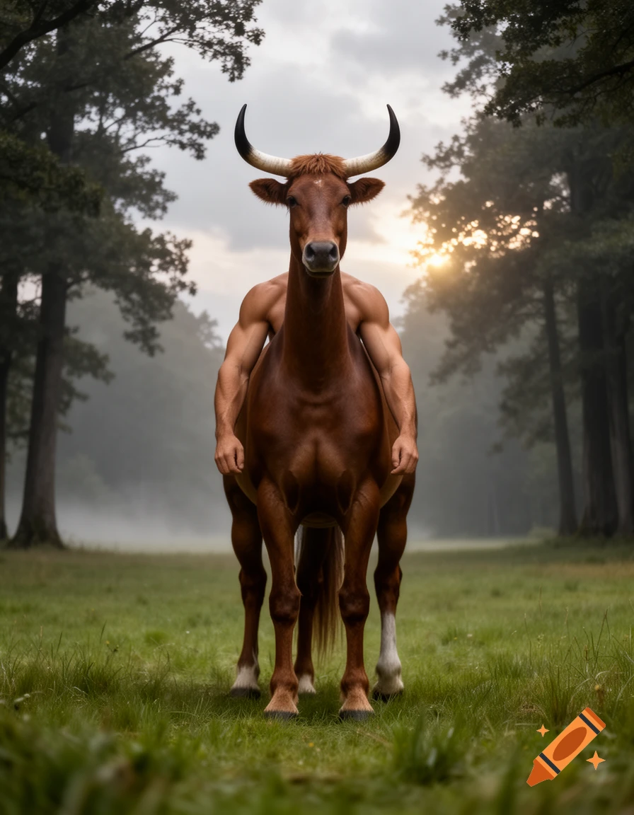 A photorealistic mythical creature with a bull's head, human torso, and horse's body stands in a misty forest at sunset.