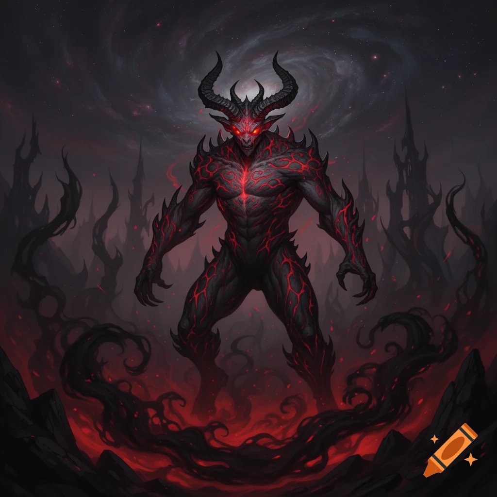 A powerful horned demon with glowing red eyes and fiery markings stands in a dark, hellish landscape with twisted spires and red mist.