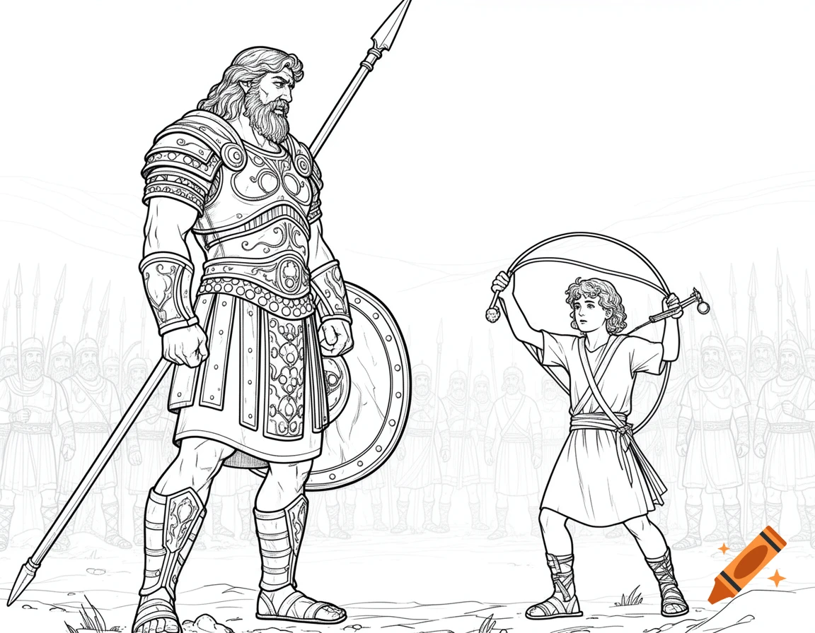 Line art coloring page of Goliath, a giant armored warrior with a spear and shield, facing young David winding a sling.