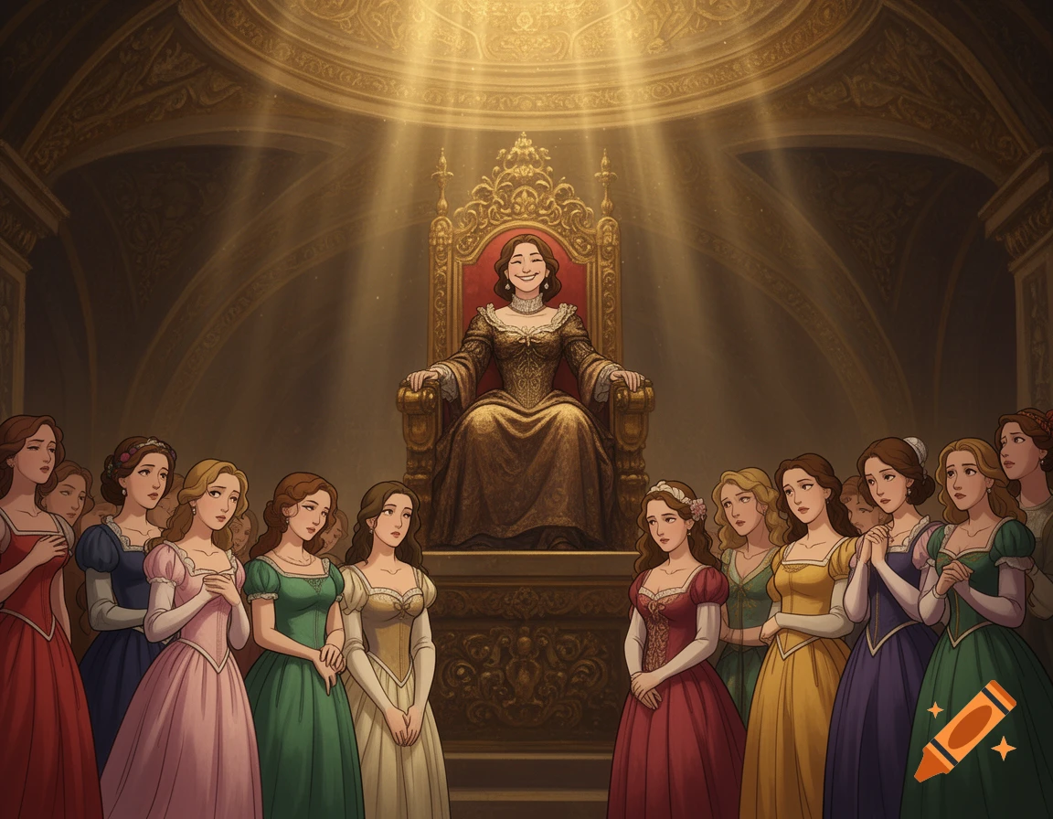An illustration of a smirking queen on a golden throne, bathed in light, surrounded by a group of women in historical dresses.