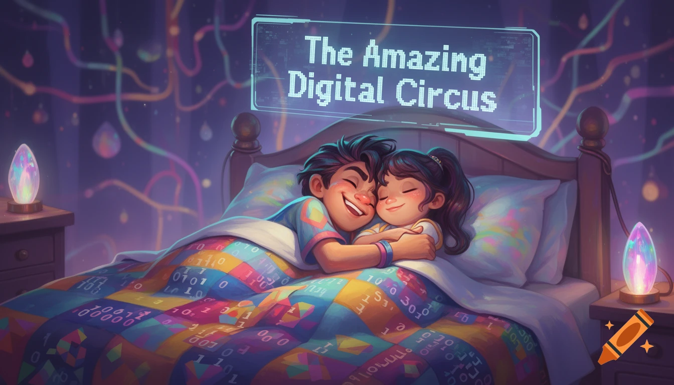 Cartoon boy and girl cuddle in bed under a colorful, digital-themed quilt, with a glowing sign overhead that reads 'The Amazing Digital Circus'.