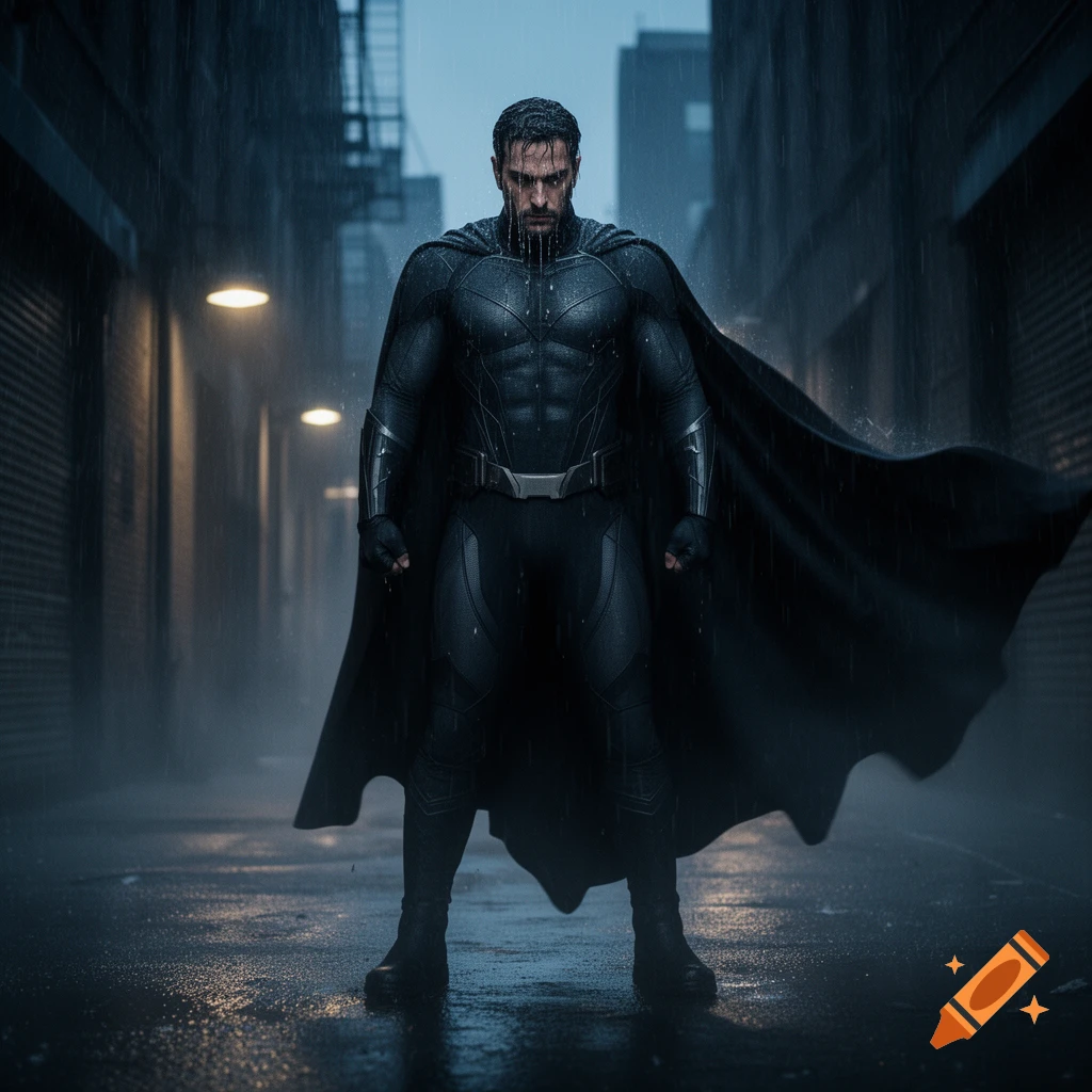 A muscular dark superhero with a black suit and cape stands in a rain-soaked alleyway at night.