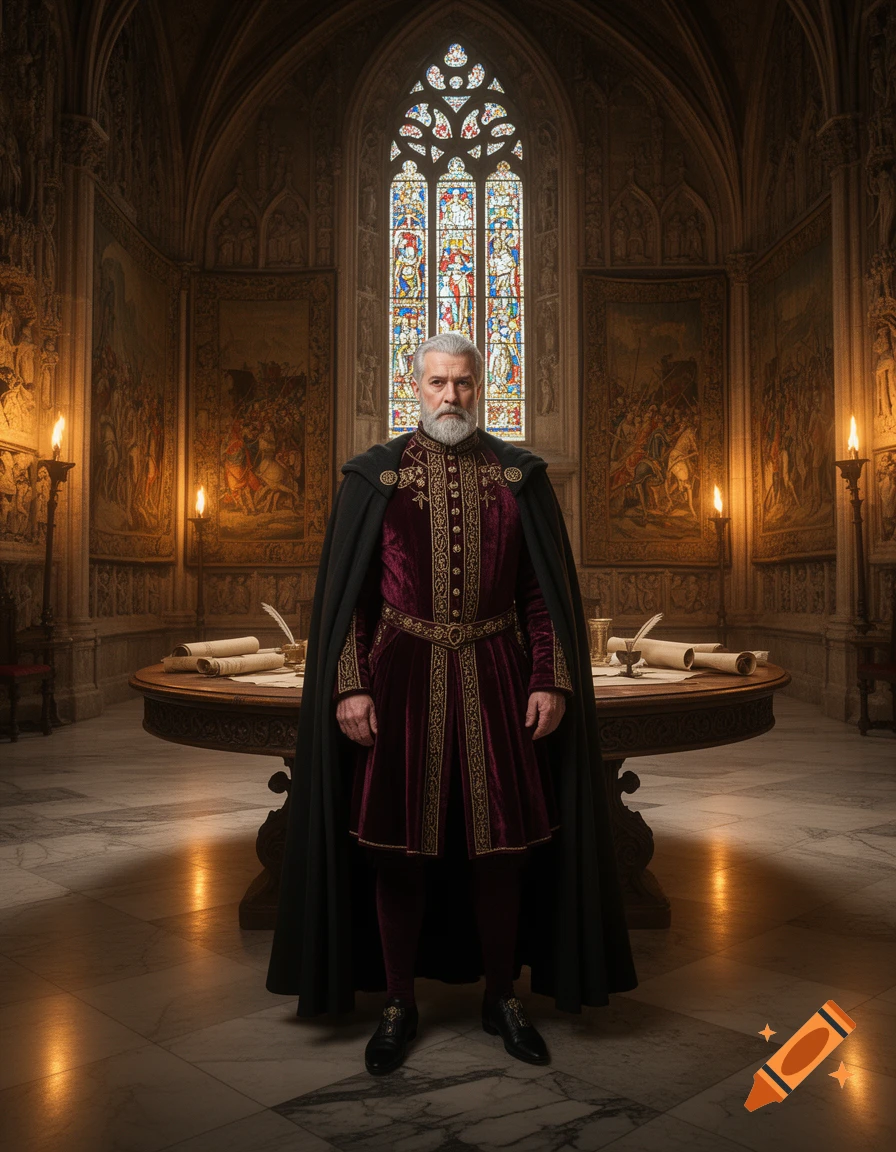 A stately, white-bearded man in a regal maroon and gold tunic and black cape stands in a grand, medieval hall with a stained-glass window and tapestries.