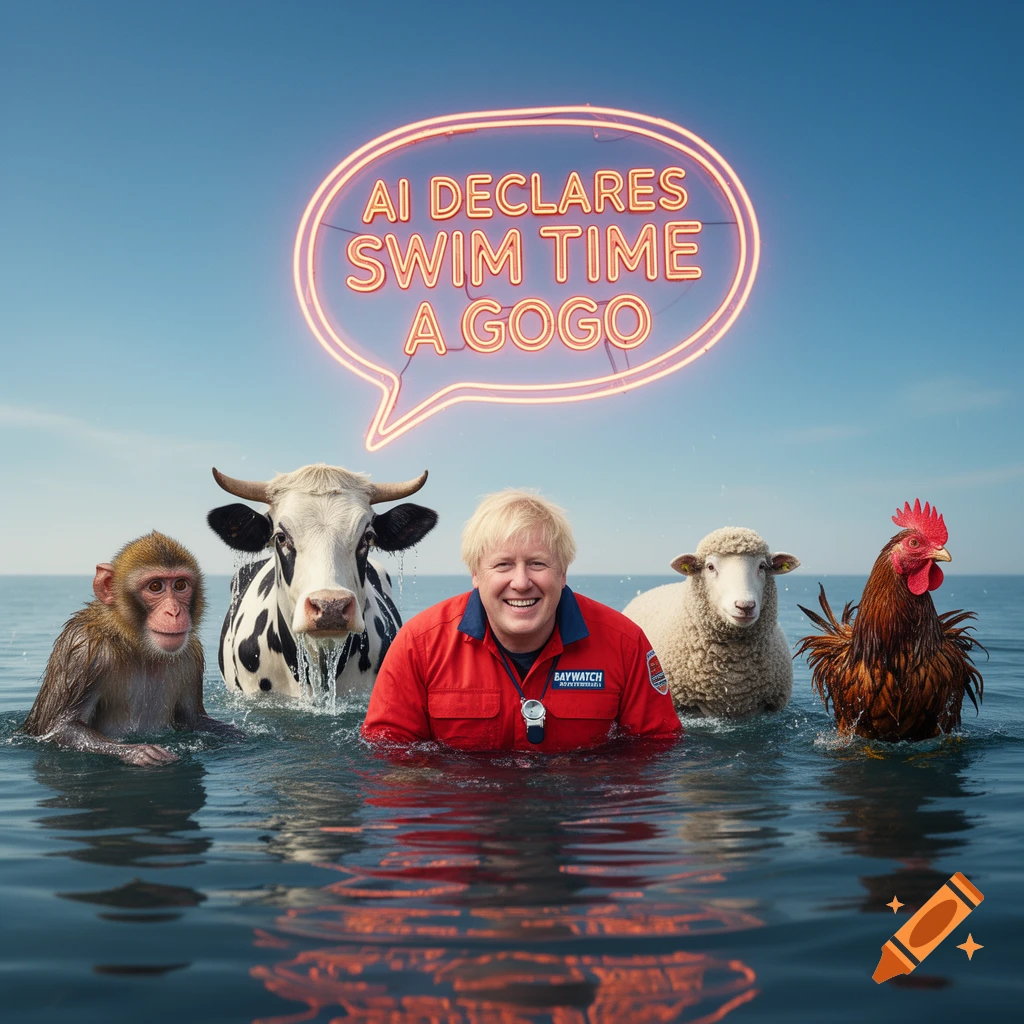 Photorealistic image of Boris Johnson in Baywatch gear, a monkey, cow, sheep, and chicken swimming in the ocean, with a neon speech bubble above reading "AI DECLARES SWIM TIME A GOGO".