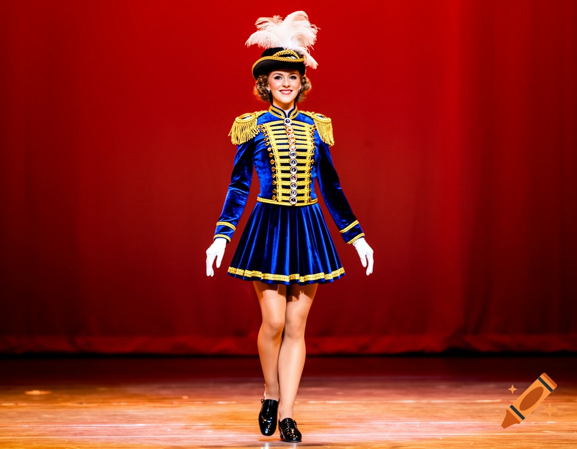 A woman in a blue and gold Gardetanz costume with a feathered hat stands on a stage with a red background.