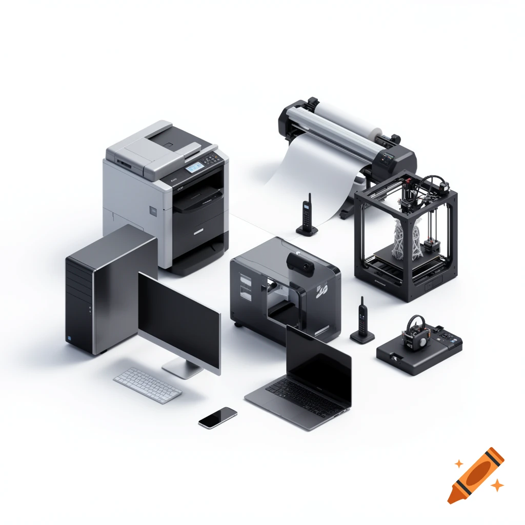 Isometric view of assorted office tech: a printer, plotter, desktop PC, monitor, keyboard, smartphone, laptop, 3D printer, and phones on white.