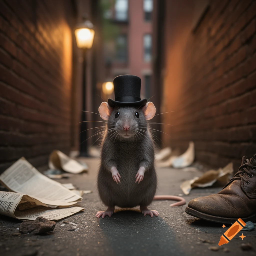 A photorealistic image of a grey rat wearing a black top hat, standing upright in a dimly lit brick alleyway with scattered papers.