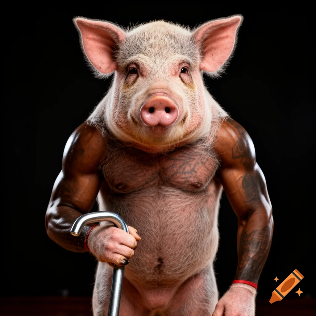 A photorealistic anthropomorphic pig with a muscular, tattooed human-like body, holding a silver cane against a black background.