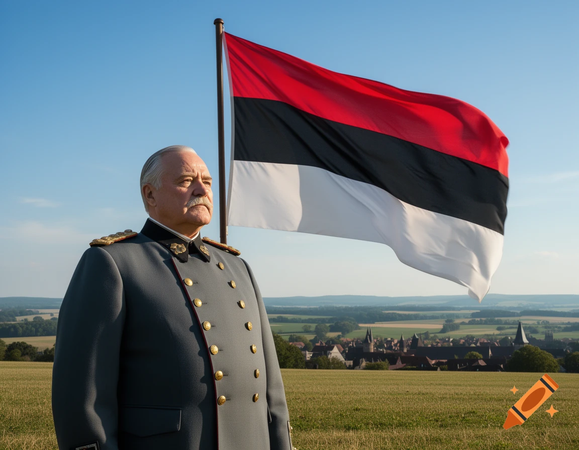 A man resembling Bismarck in a grey 19th-century military uniform stands in a field with a red, black, and white flag waving behind him.
