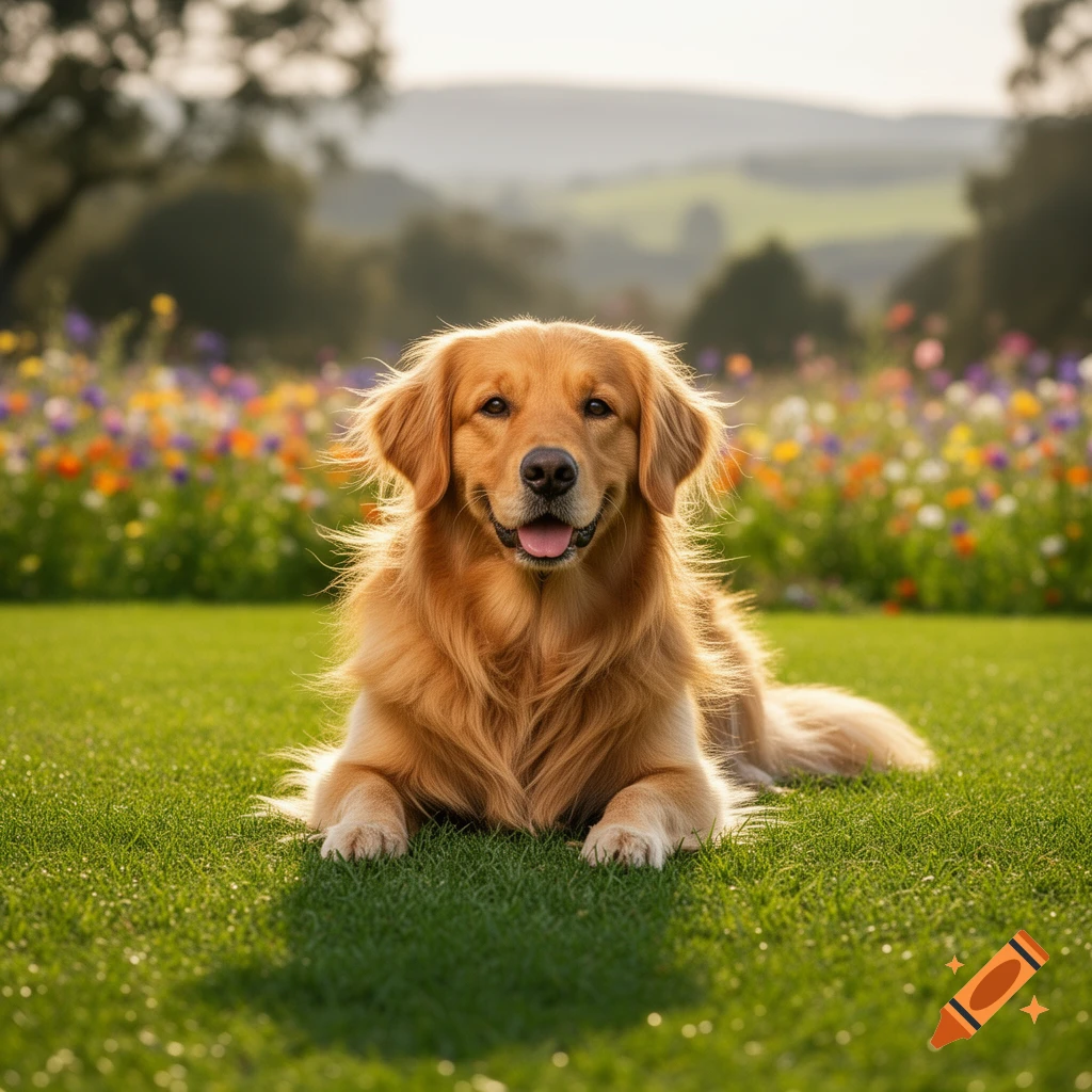 A happy Golden Retriever dog lies in bright green grass with colorful wildflowers and hills in the sunny background.