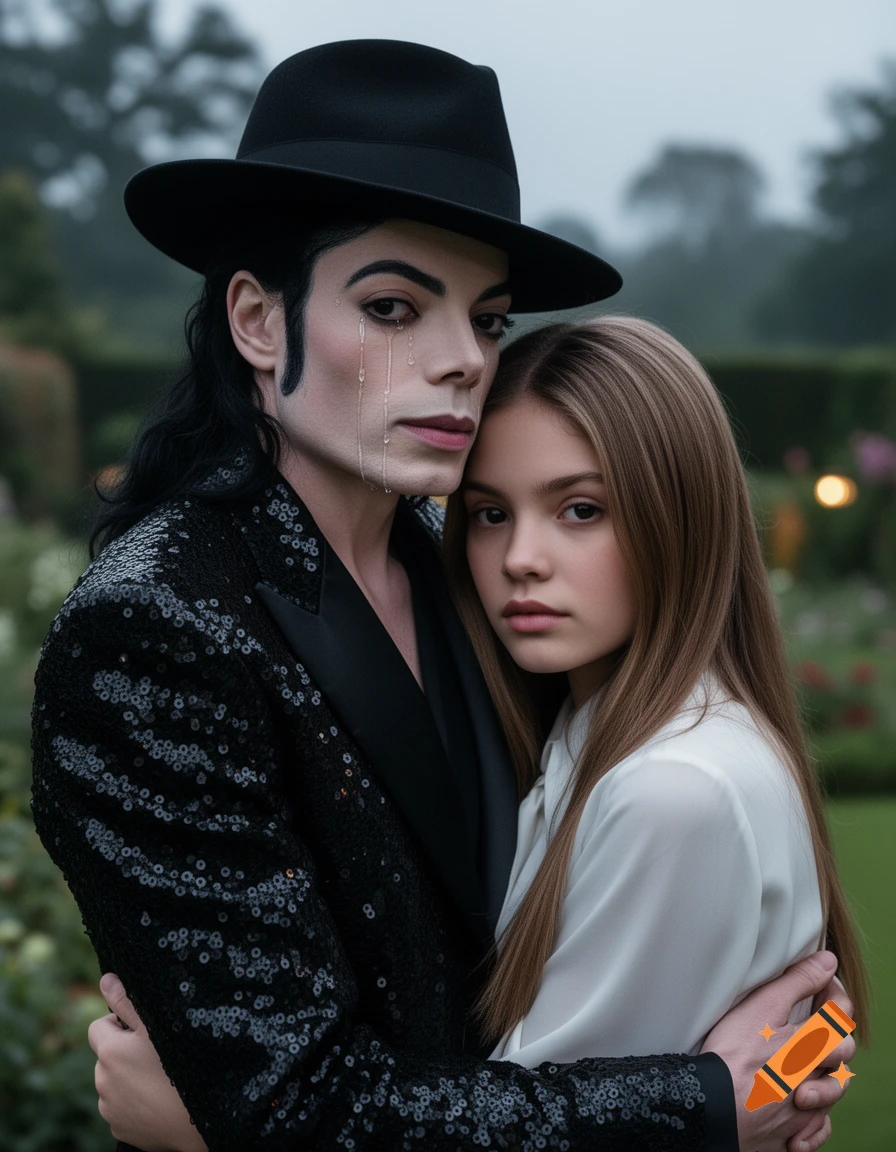 Photorealistic image of a crying Michael Jackson in a black sequin jacket and fedora embracing a young girl with long brown hair in a garden.