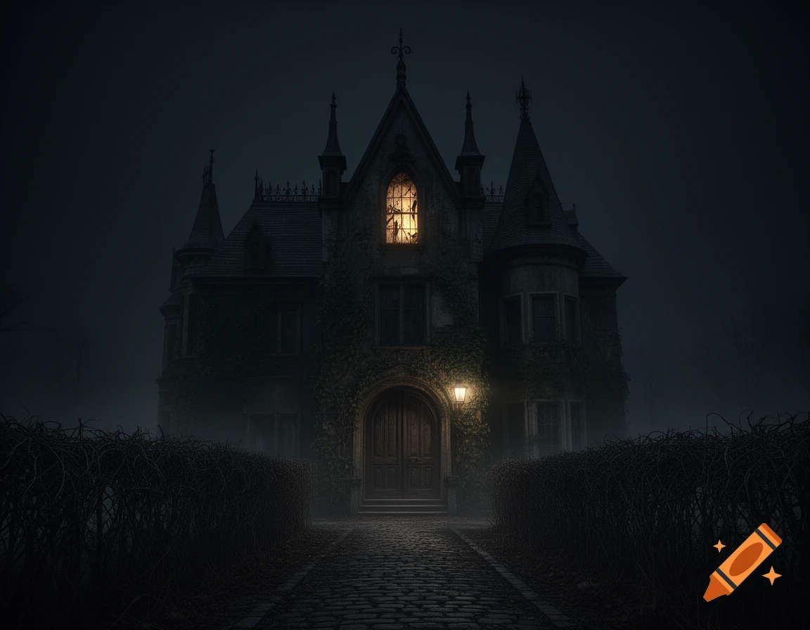 Dark, moody photorealistic image of a gothic mansion at night, with one brightly lit window and a cobbled path.