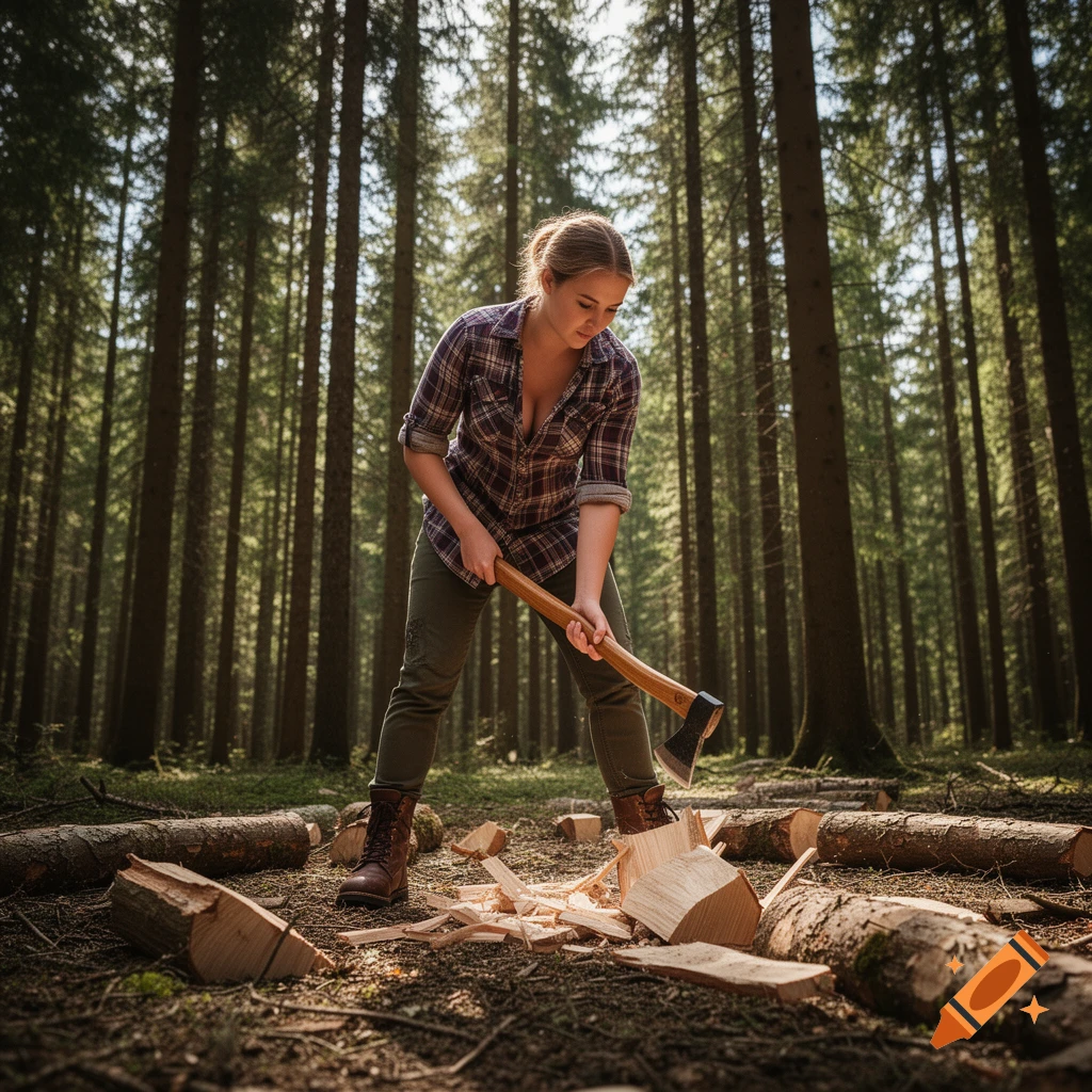 A woman in a plaid shirt and work boots chops wood in a sun-dappled forest.