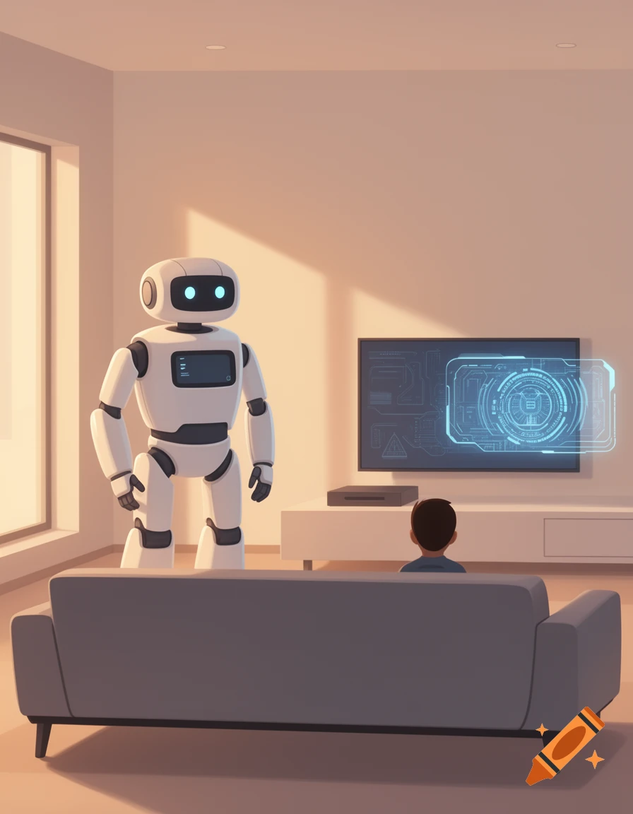 A white robot stands near a sofa where a child watches a holographic AI interface on a TV in a modern, digitally illustrated living room.