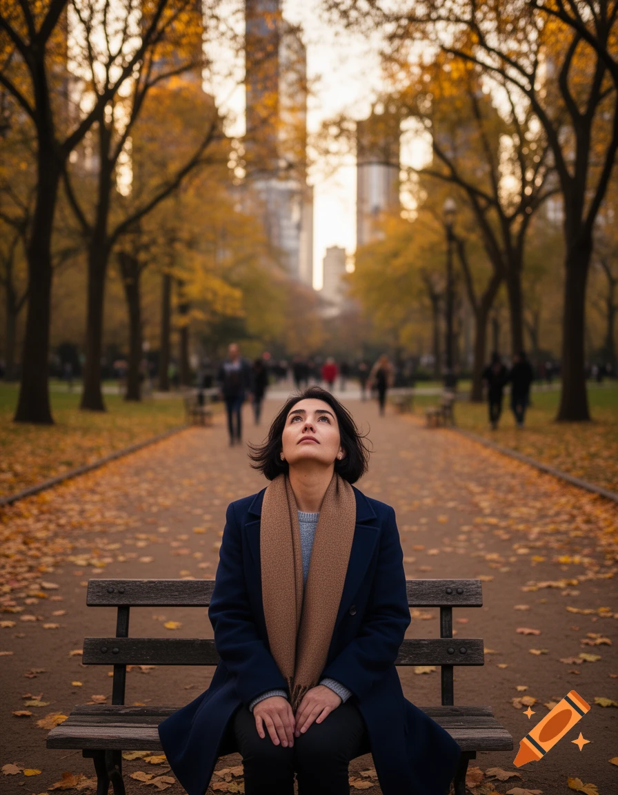 A woman in a navy coat and brown scarf sits on a park bench, looking up, surrounded by fall leaves with city buildings in the background.
