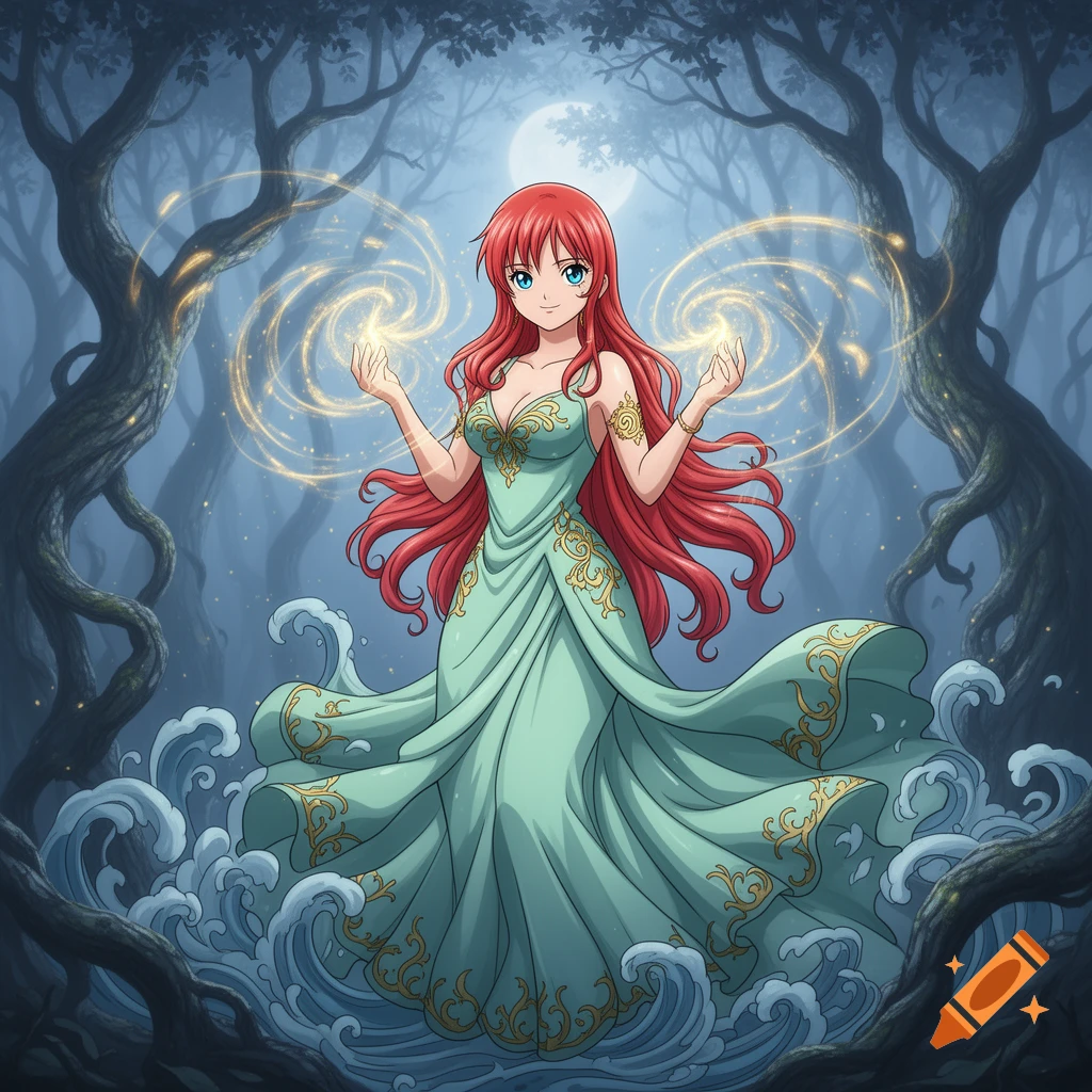 An anime woman with long red hair in a teal and gold dress conjures golden magic in a moonlit fantasy forest, with swirling water at her feet.