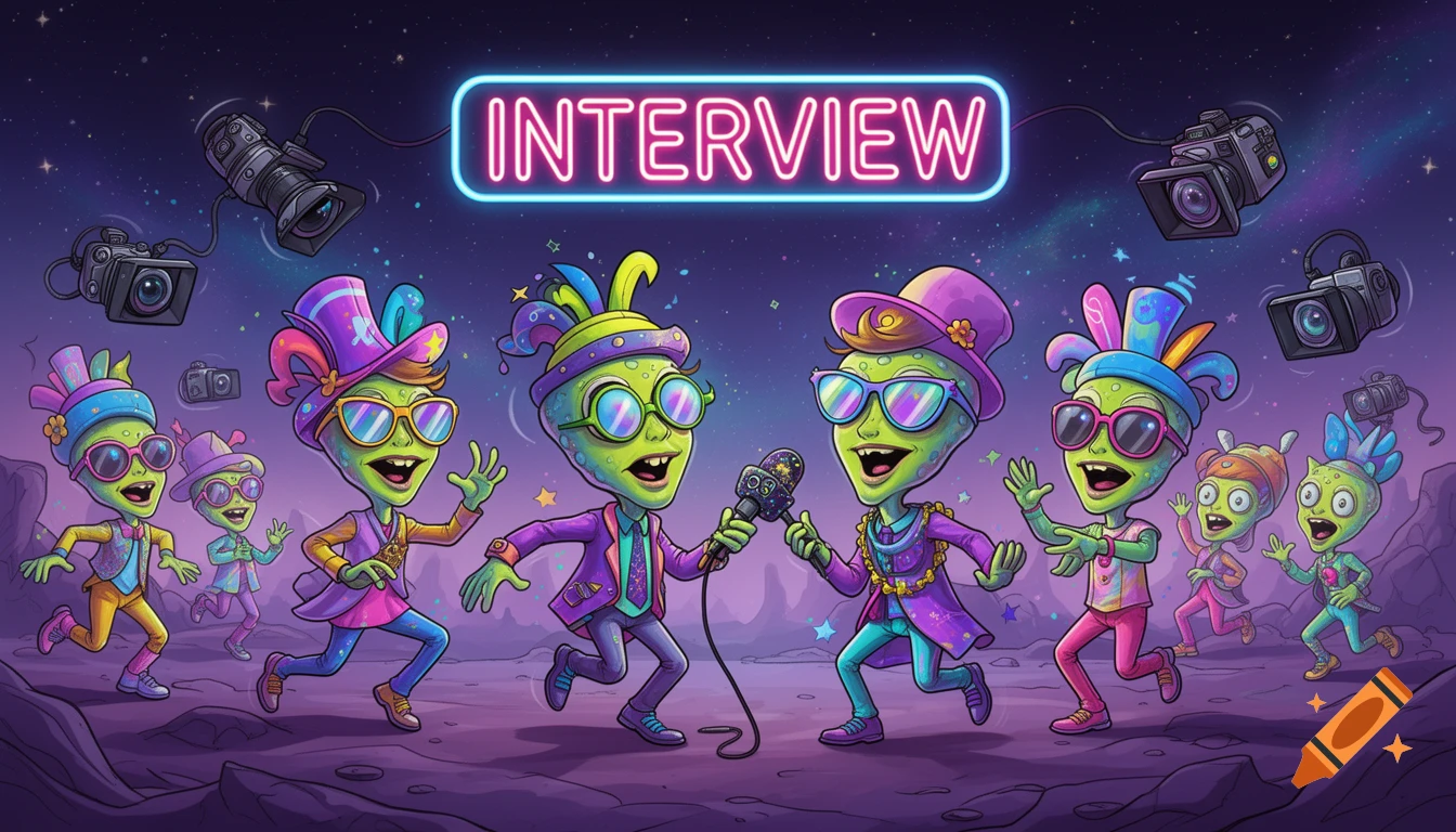 Cartoon animation of green aliens in colorful outfits and sunglasses on a purple alien landscape, with a neon 'INTERVIEW' sign and cameras.