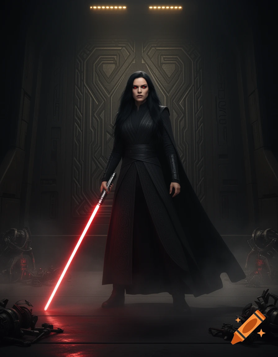 A dark-haired woman with red eyes, dressed in black robes, stands holding a red lightsaber in a futuristic, dark hall.