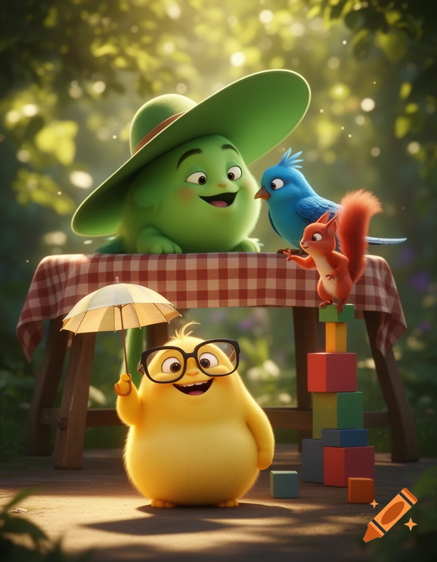 A yellow creature in glasses holding an umbrella with a green creature, blue bird, and squirrel playing with blocks outdoors in a sunny Pixar-style.