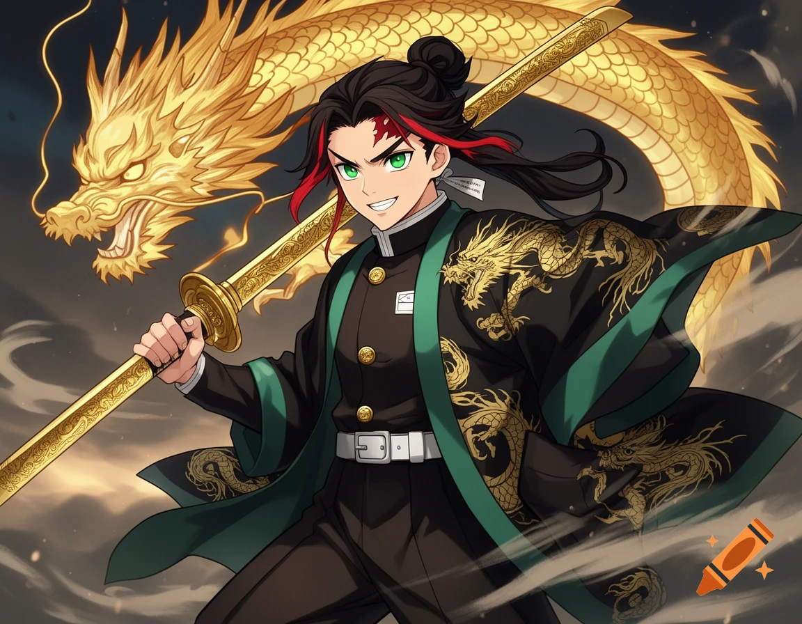 Anime warrior with black and red hair, green eyes, smiling, wearing a black haori with golden dragons, holding a golden katana, backed by a large golden dragon.