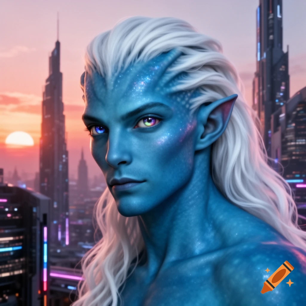Photorealistic portrait of a blue alien man with long white hair, sparkling skin, and heterochromatic eyes, set against a futuristic city at sunset.