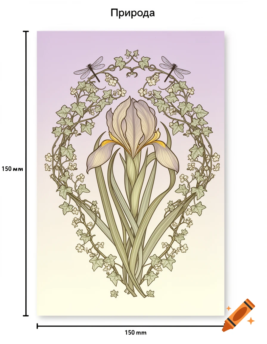 Art Nouveau illustration of a stylized iris, ivy, small flowers, and two dragonflies on a light gradient background, with 'Природа' text.