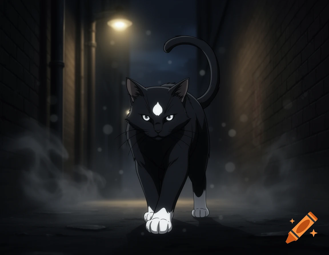 An anime-style black cat with white paws and a white spot on its head walks in a dark alley under a street lamp.