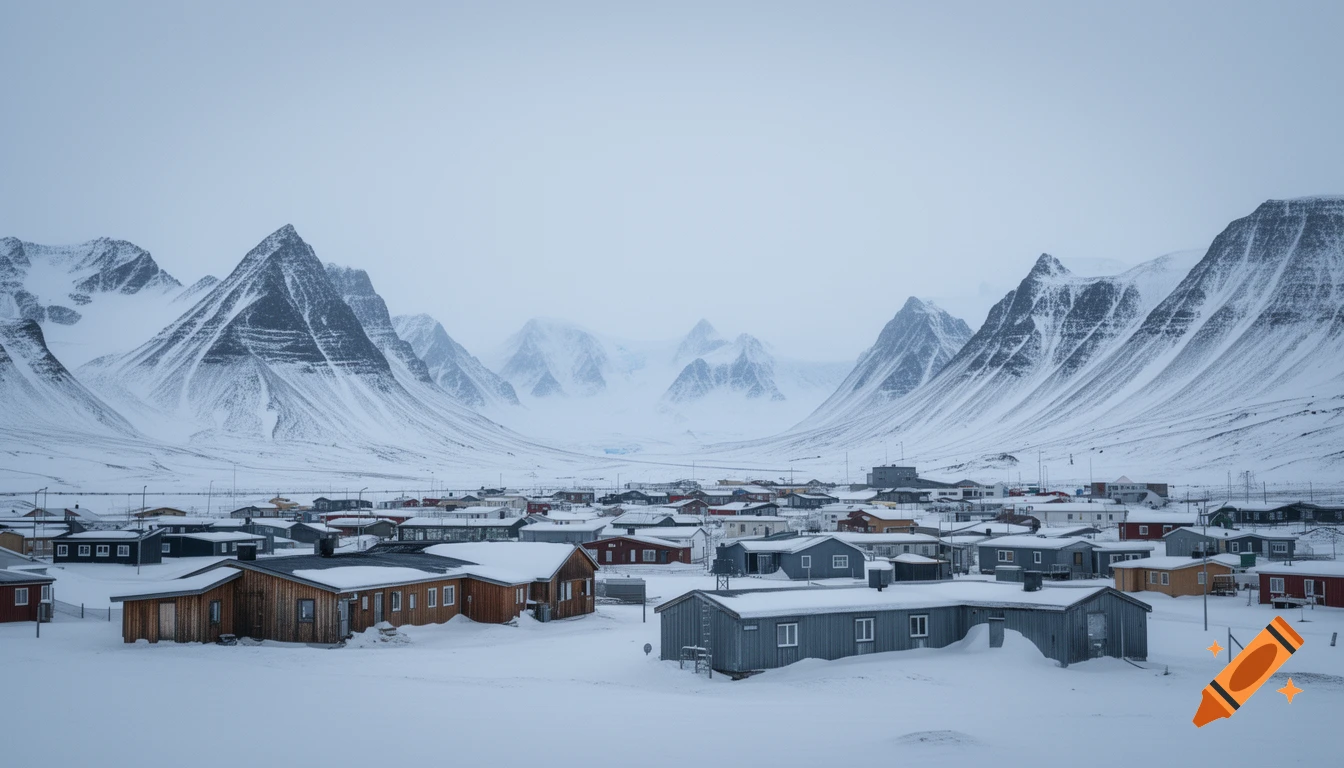 A small arctic town with colorful houses nestled in a snowy valley, surrounded by majestic, snow-covered mountains under an overcast sky.