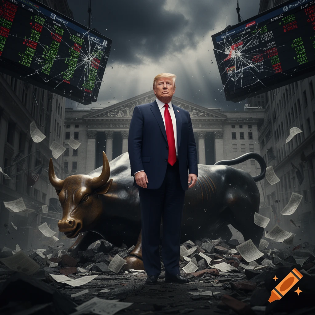 Donald Trump stands in front of the Wall Street bull, surrounded by rubble and flying papers, under a stormy sky. Two large, shattered screens with stock market data hang in the background. Photorealistic style.
