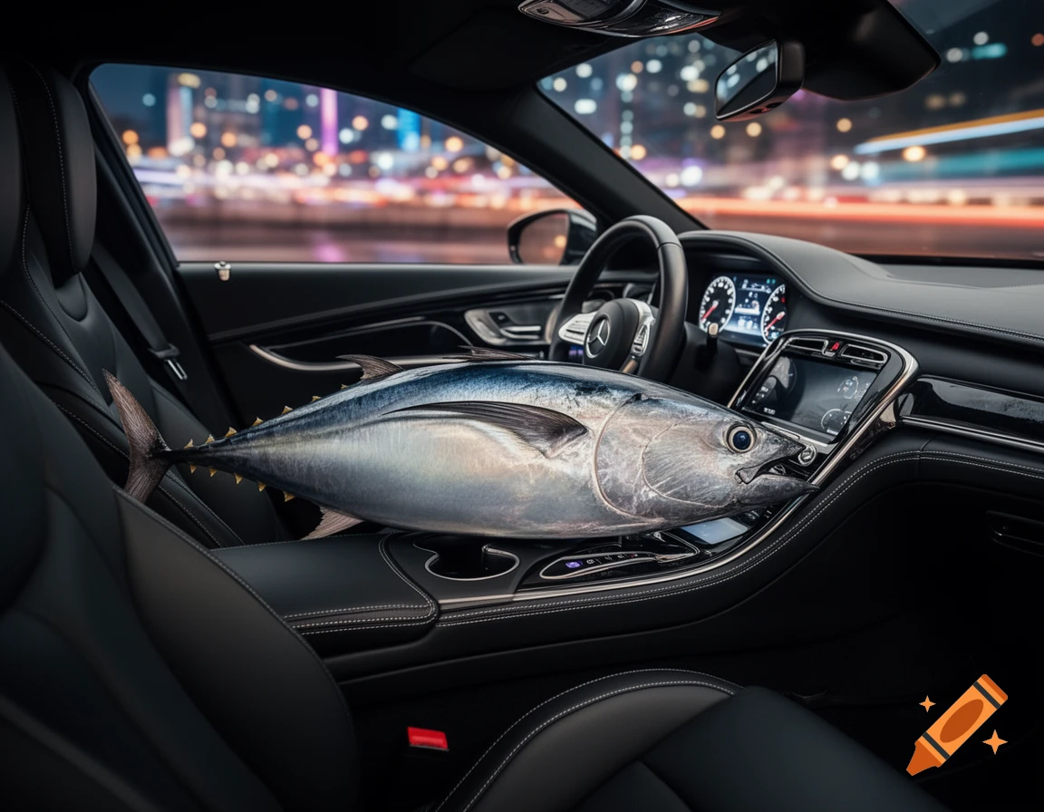 A large, realistic tuna fish rests across the front seats and console of a luxurious car interior, with a blurred city night lights background.