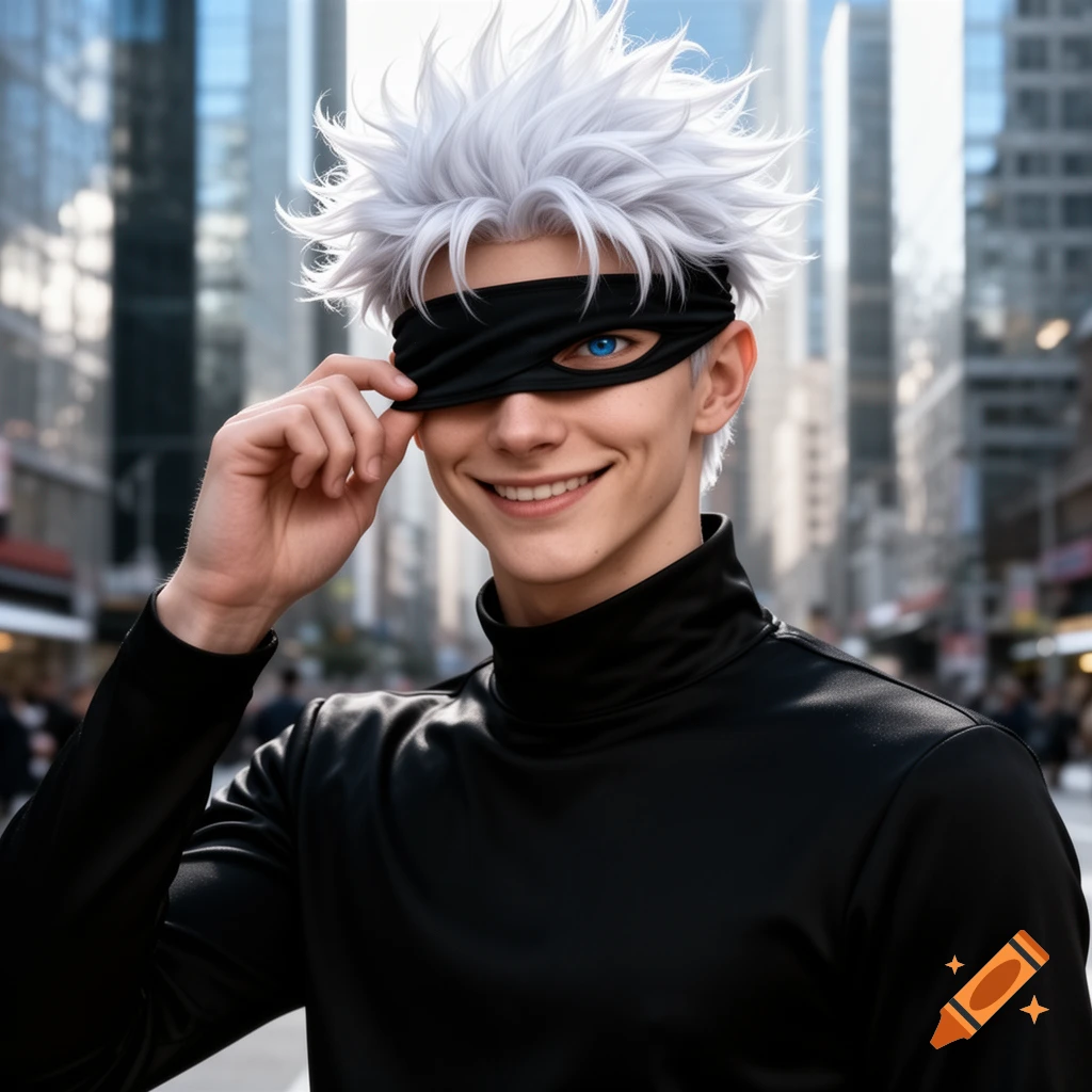 Realistic portrait of Gojo Satoru with white spiky hair, wearing a black blindfold, smirking and lifting it to reveal a blue eye in a city.