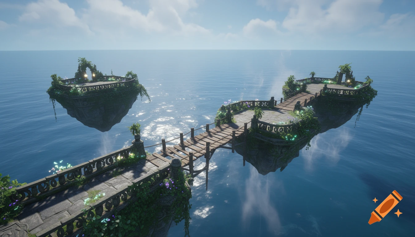Two moss-covered floating islands connected by a rustic bridge span a calm blue ocean under a bright, partly cloudy sky.