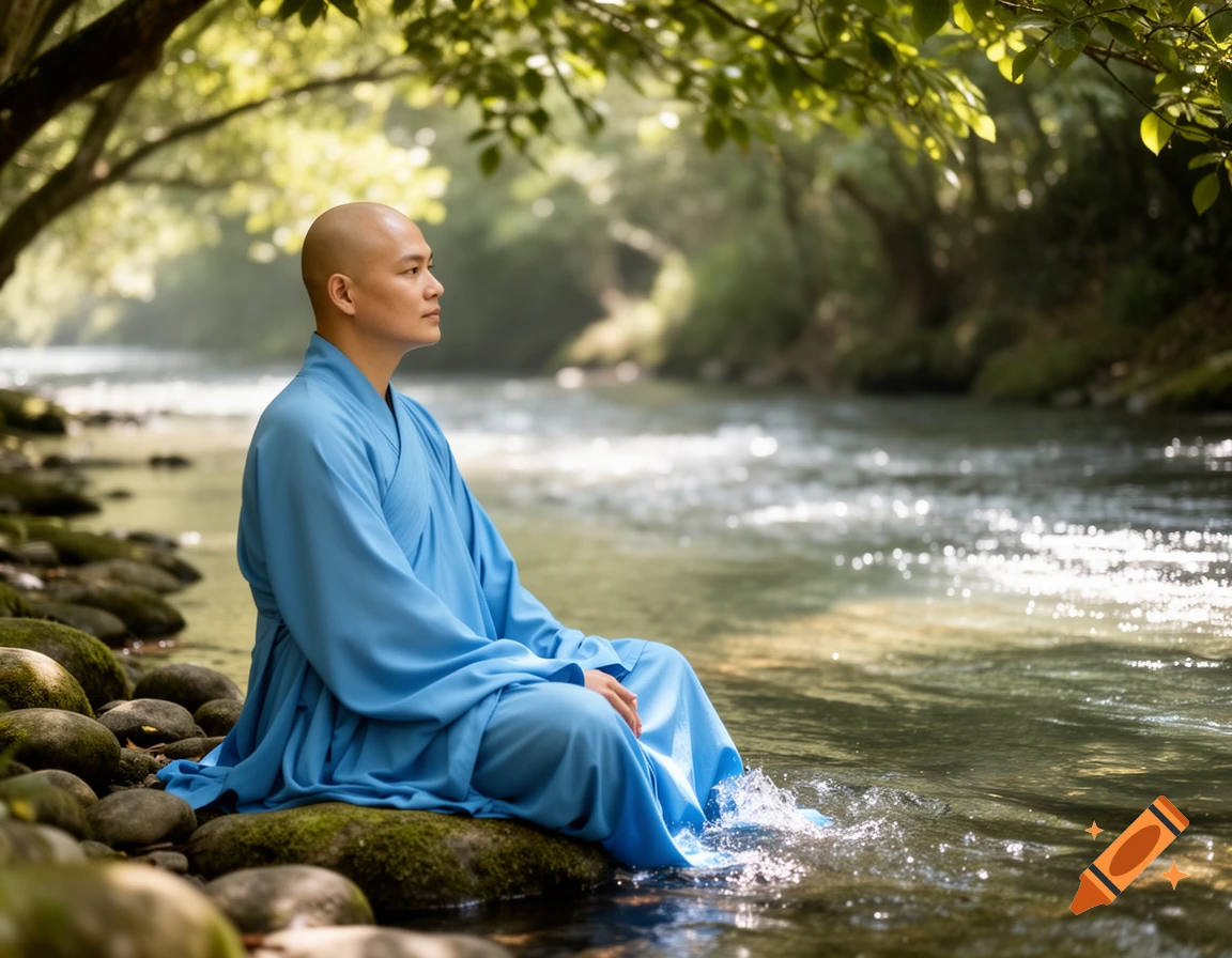 A bald monk in a blue robe meditates on a mossy rock in a sparkling river, surrounded by lush green trees.