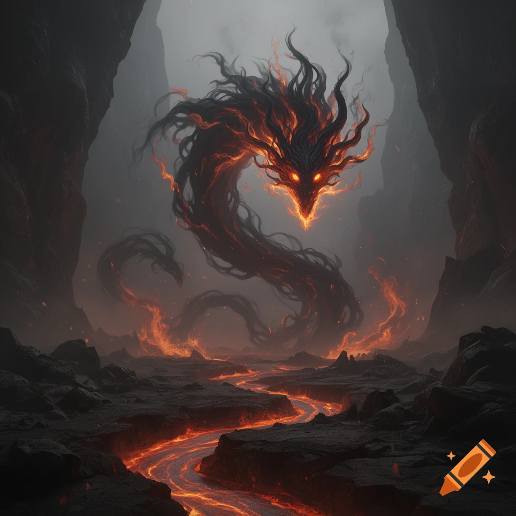 A fiery shadow elemental monster with glowing eyes emerges from a misty, volcanic landscape with flowing lava.