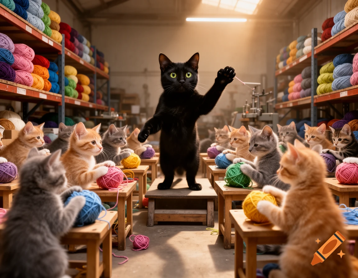 A black cat 'boss' addresses many kittens working at small wooden tables, kneading colorful balls of yarn in a factory.