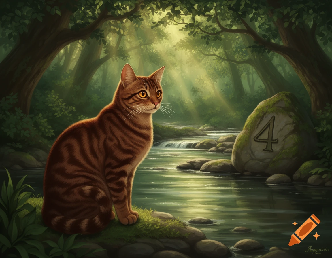 A brown tabby cat sits by a river in a sunlit forest, with a mossy rock displaying the number 4, in a digital painting style.