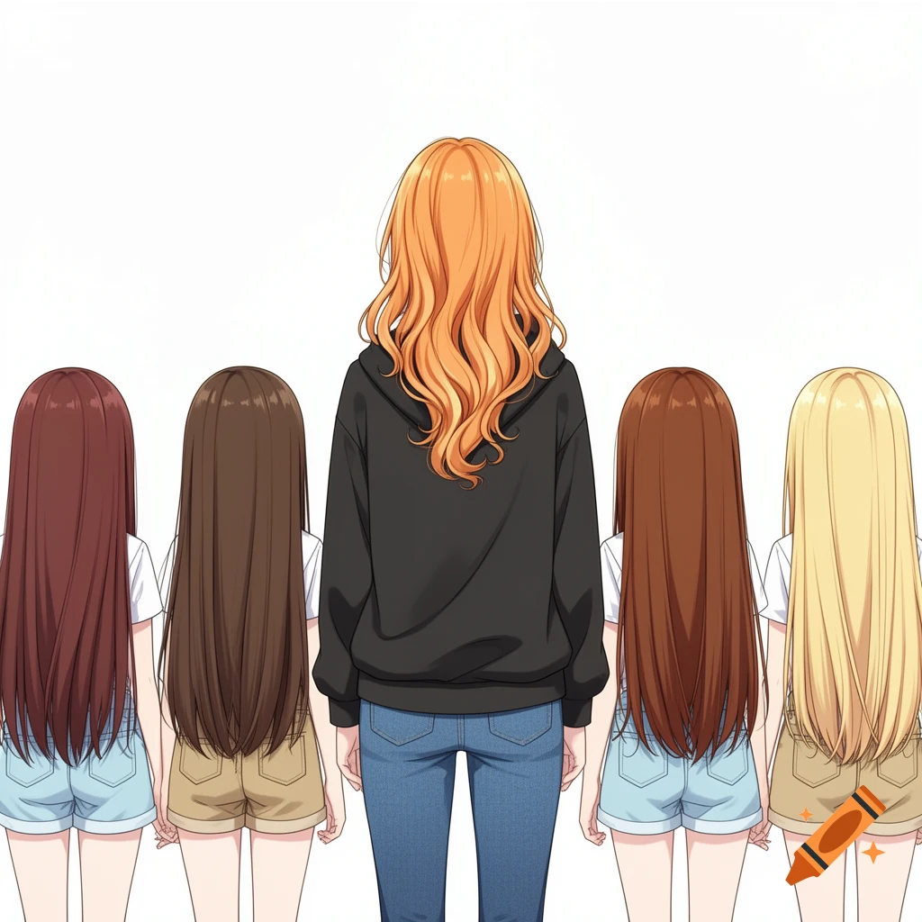 Five anime girls viewed from behind against a white background; the center girl has orange wavy hair, a black hoodie, and blue jeans, while the others have long straight hair in shades of brown and blonde, wearing shorts and t-shirts.