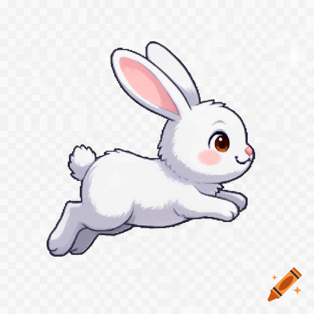 A cute white cartoon rabbit, a 2D game art sprite, is captured in a jumping pose with pink ears and brown eyes on a transparent background.