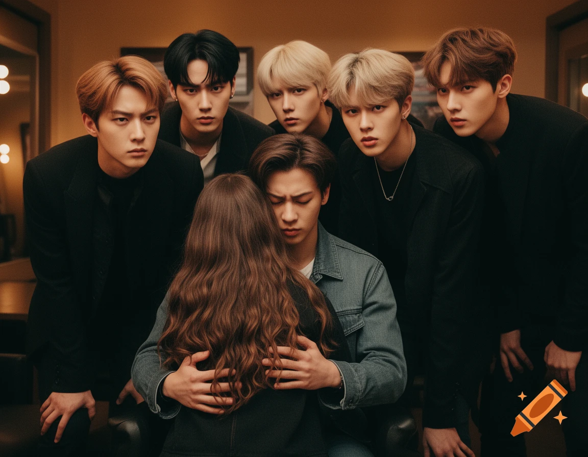 Six young men with serious expressions surround and comfort a girl with long brown hair, who is embraced by one of them.