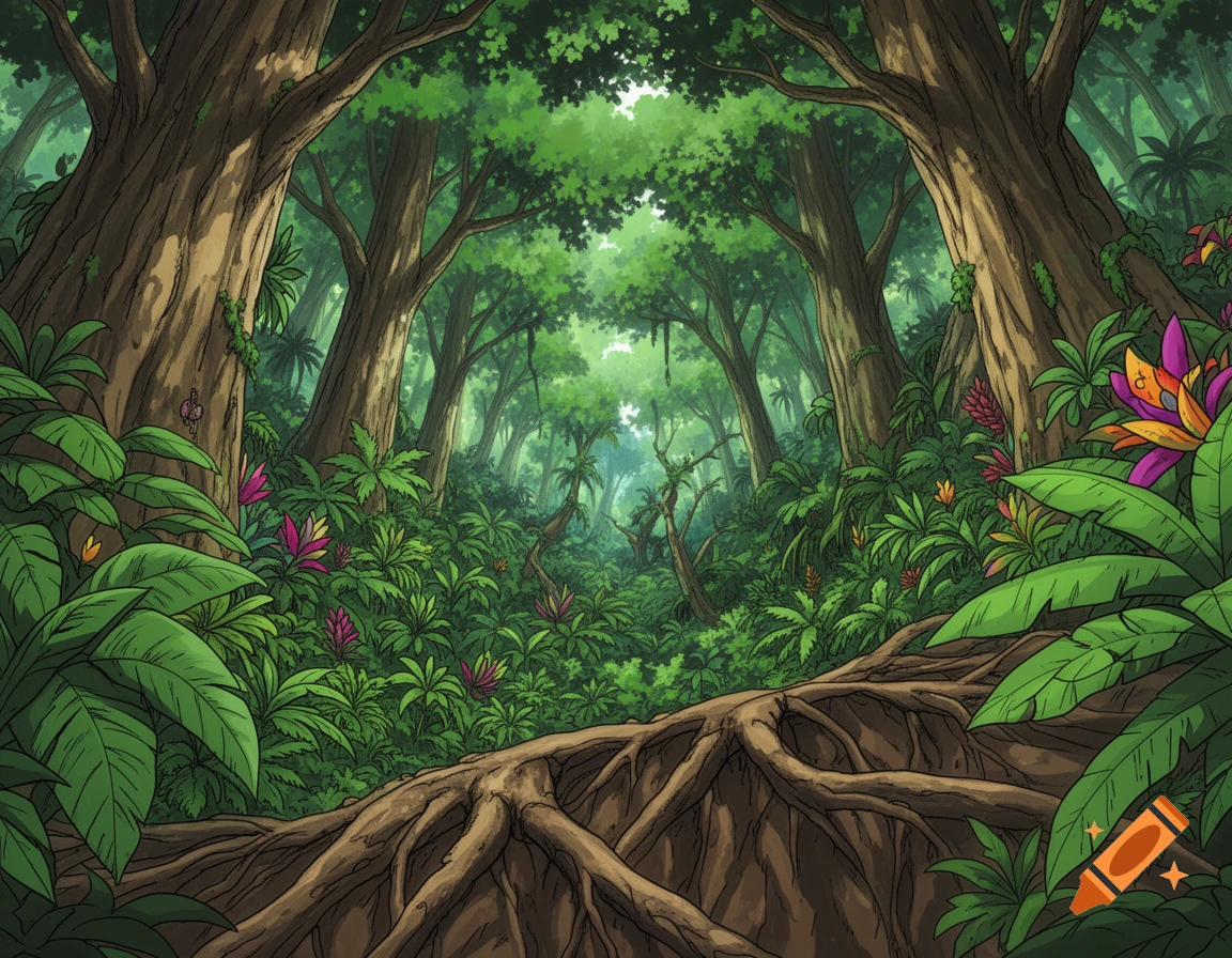 A vibrant, cartoon-style prehistoric jungle with massive trees, tangled roots, dense green foliage, and colorful tropical flowers.