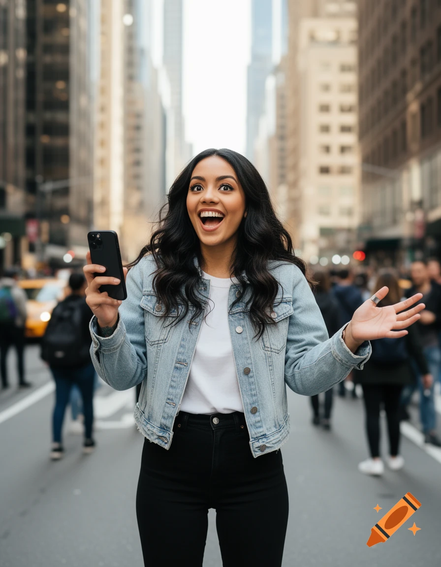 A young woman with a surprised, open-mouthed expression holds a smartphone and gestures on a busy photorealistic city street.