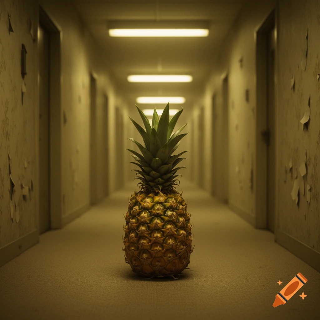 A photorealistic image of a large pineapple standing in the middle of a long, dimly lit, yellowish-brown hallway with many doors.