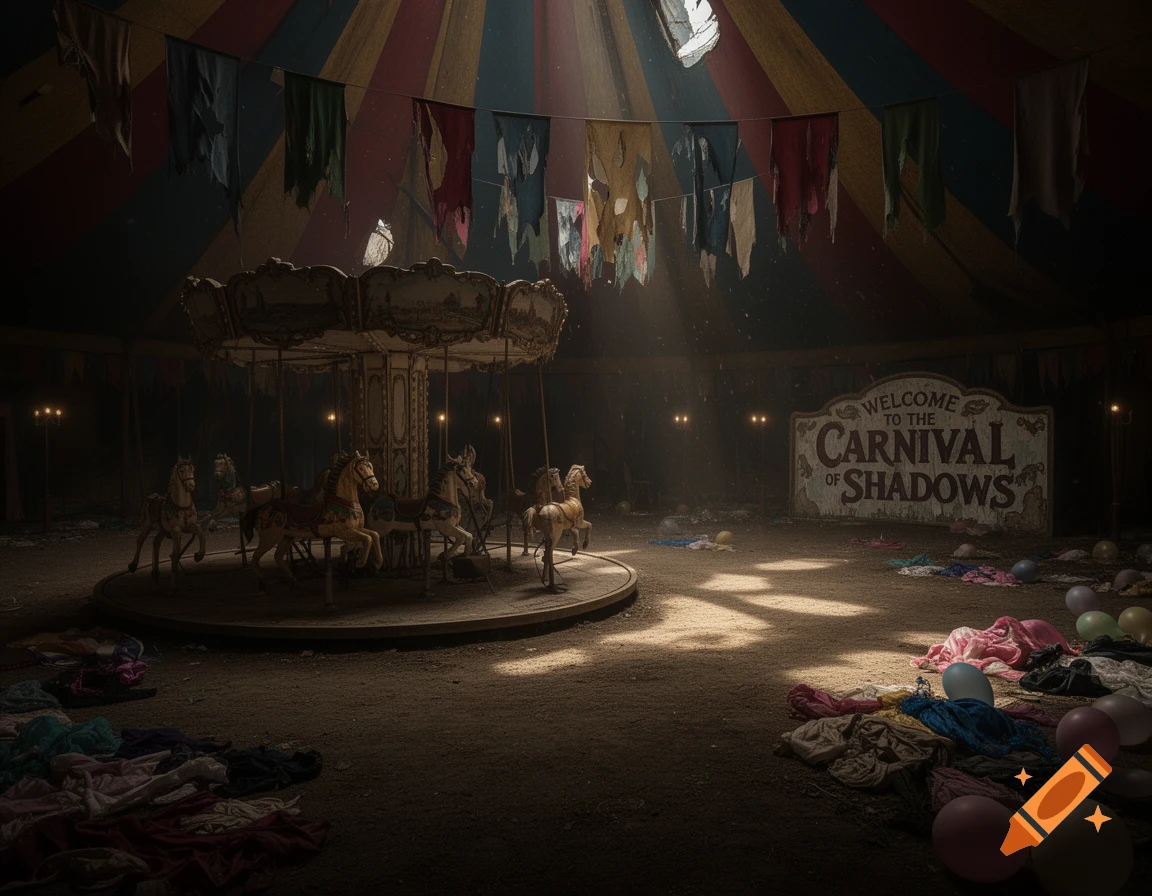 Dimly lit, abandoned circus tent with a dusty carousel and a sign 'Welcome to the Carnival of Shadows', photorealistic.